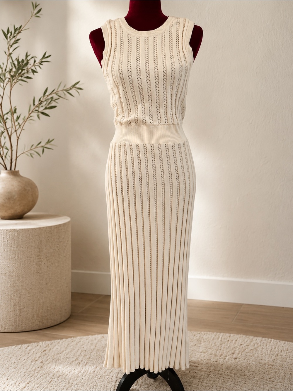 Varley Florian Cream Sleeveless Ribbed Knit Maxi Dress S Small